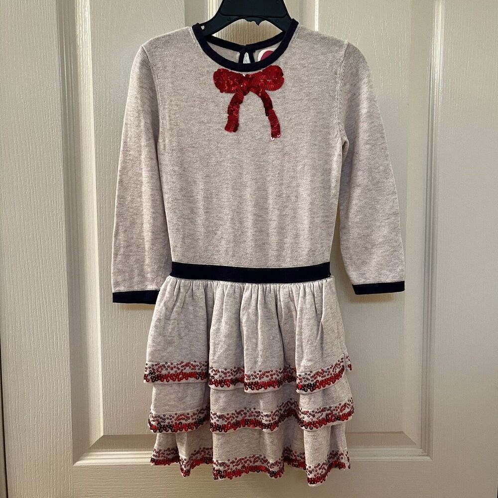 Mini Boden Tiered Ruffle Sequin Bow Sweater Knit Dress Christmas Girls Size 4-5